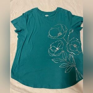 Women’s Old Navy tshirt. Teal with silver floral design on left side.